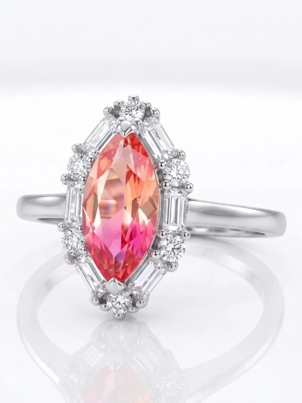 Pink & Peach Marquise Tourmaline Ring, 925 Sterling Silver